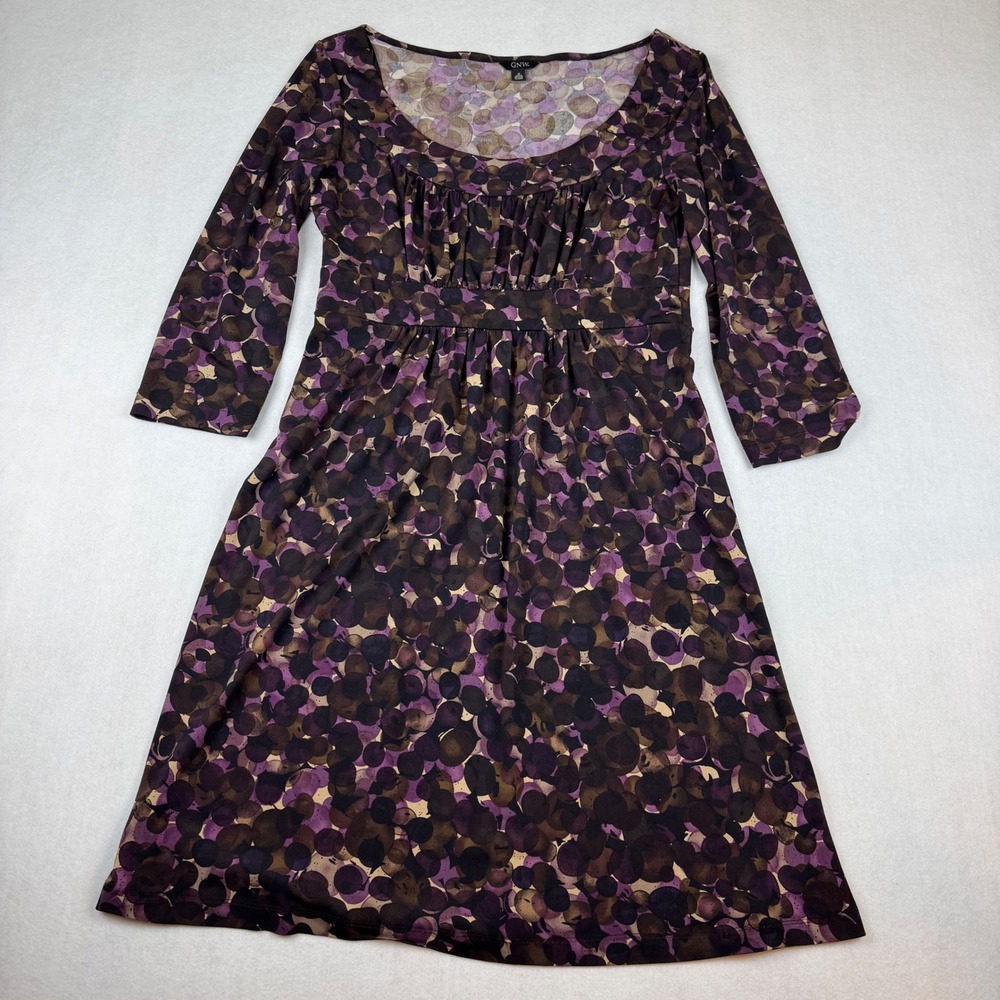 GNW Women Purple Brown Abstract Dot Empire Waist 3/4 Sleeve Jersey Dress Size 12